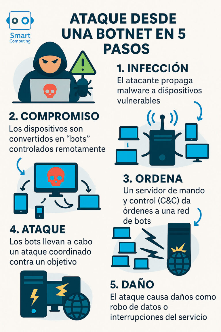 Esquema de como funciona una botnet. ¡Ten cuidado y no dejes que tu ciberseguridad se vea amenazada!